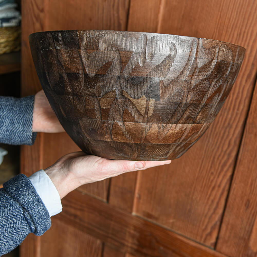 Large Etched Wooden Serving Bowl - Dark Brown
