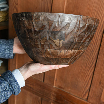 Large Etched Wooden Serving Bowl - Dark Brown