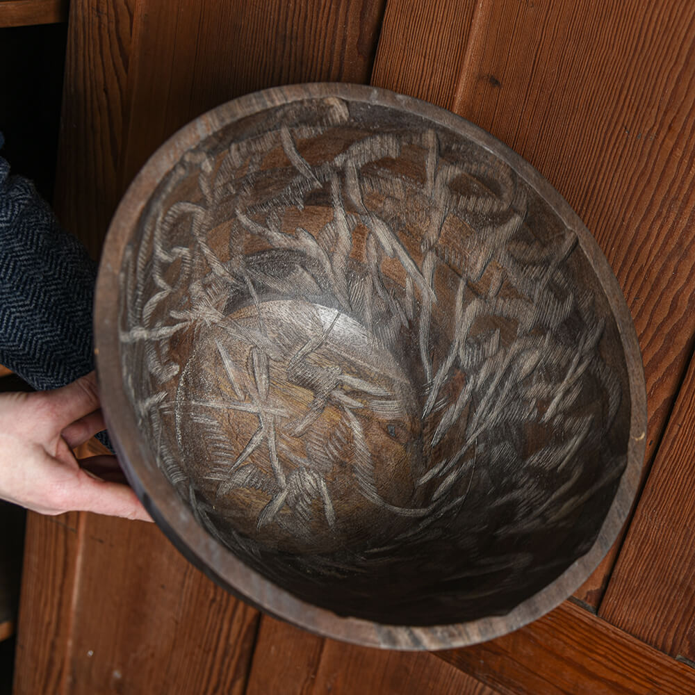 Large Etched Wooden Serving Bowl - Dark Brown