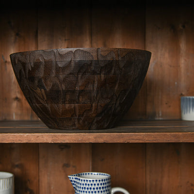 Large Etched Wooden Serving Bowl - Dark Brown