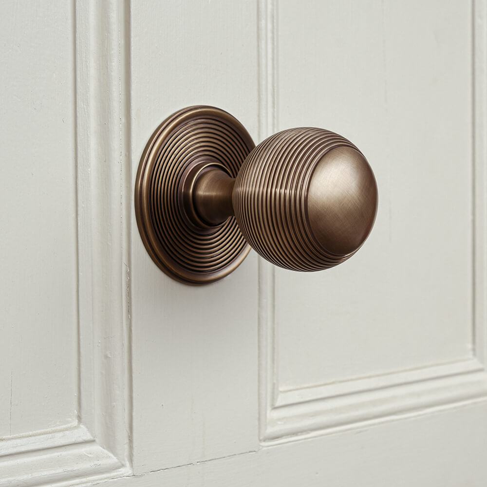 Bronze door handle on a white paneled door