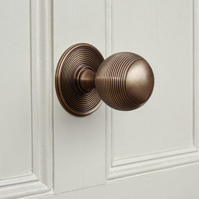Bronze door handle on a white paneled door