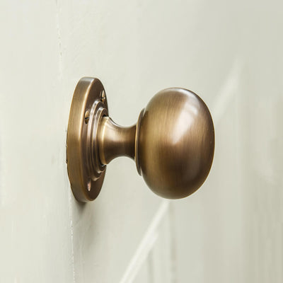 Bun shaped Brass door handle on a white background