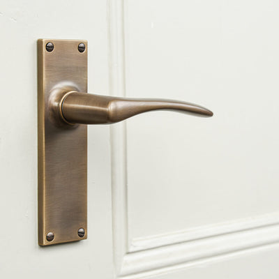 Antique brass door handle on a white door