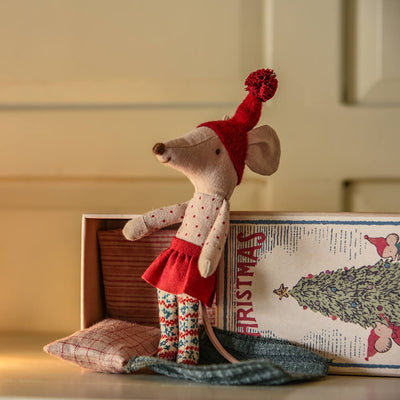 chrstmas themed fabric mouse standing beside her matchbox bed