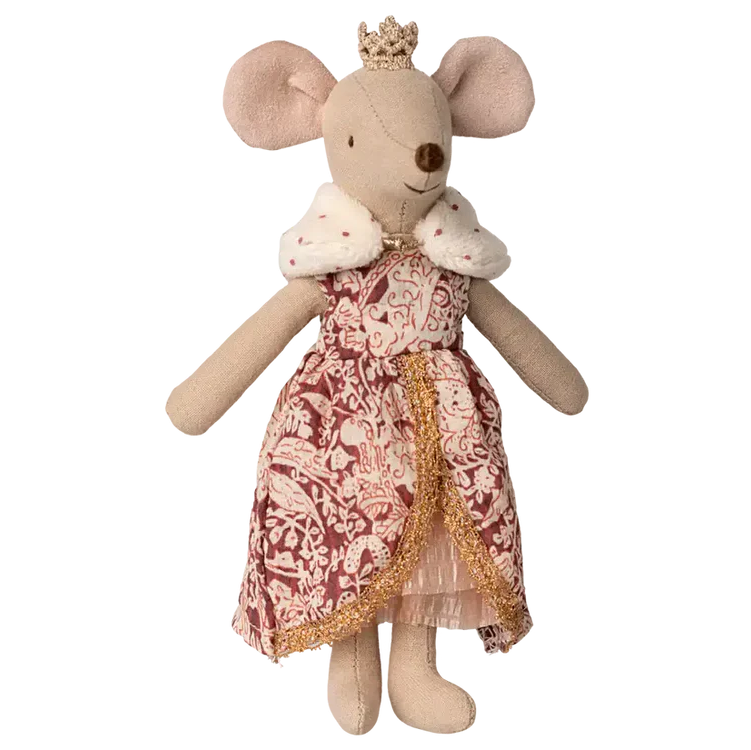 Little mouse toy with a floral dress and tiara on a white background