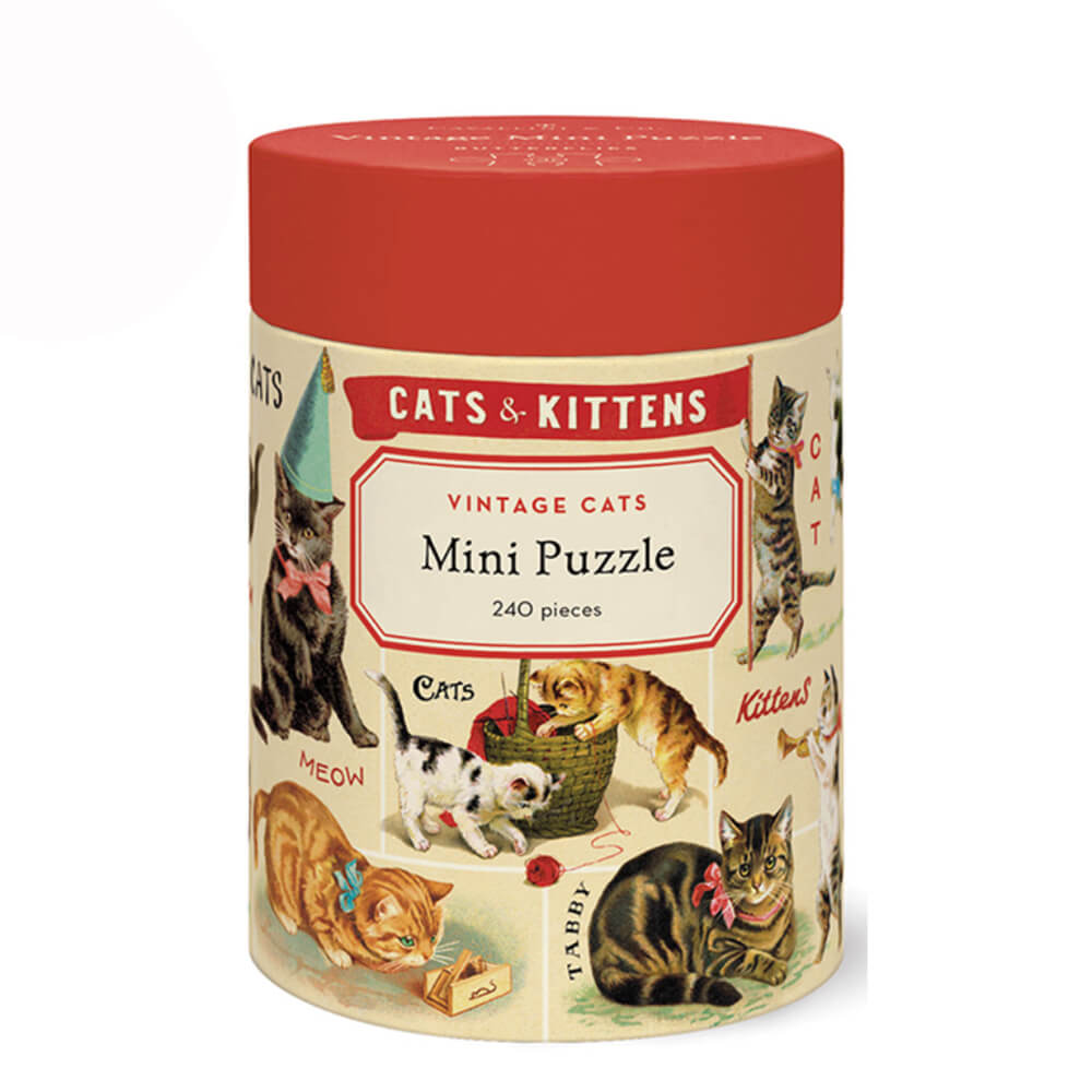 Cylindrical puzzle box with vintage cat illustrations and a red lid.