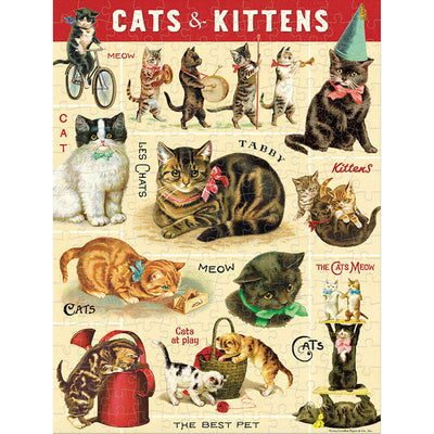 Vintage-style illustration of cats and kittens on a puzzle with text on a beige background