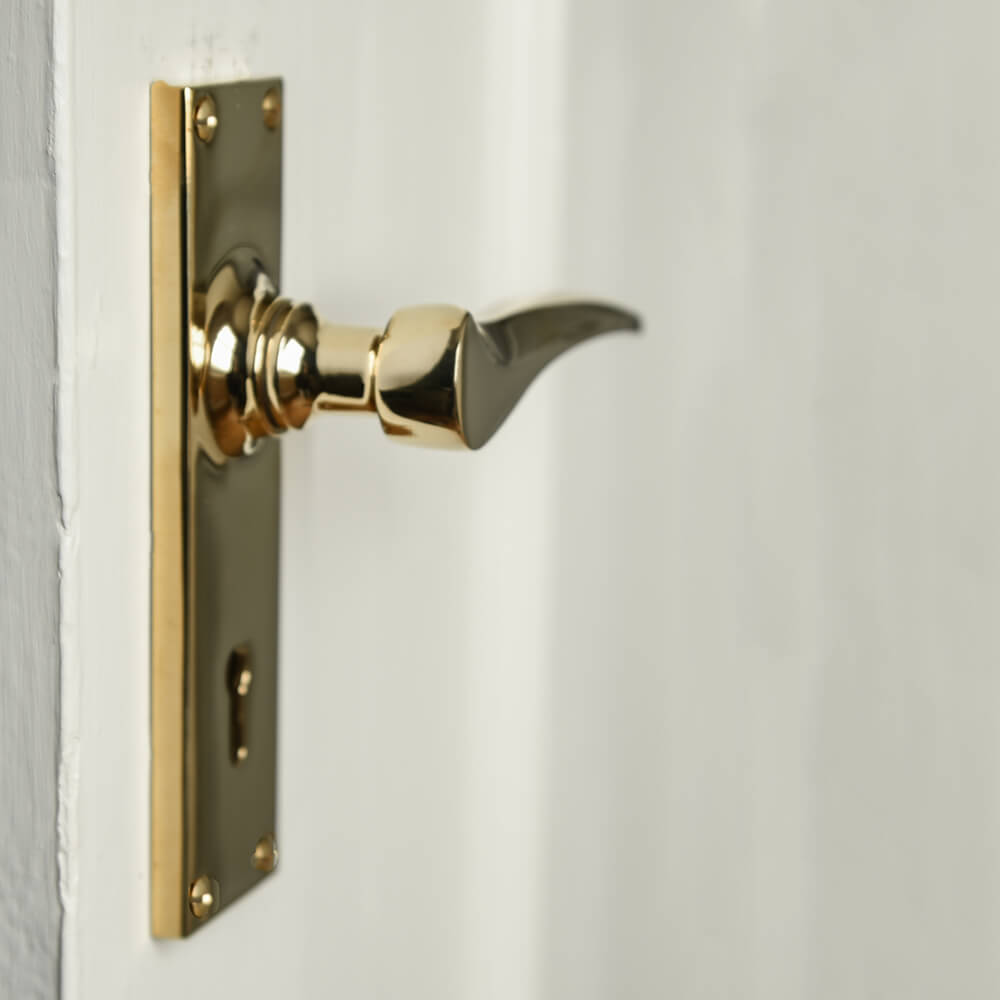 side profile of elegant curved brass lever door handle