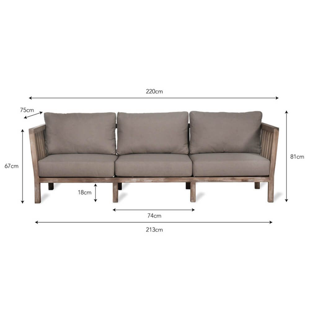 Acacia Wood Porthallow 3 Seater Sofa with dimensions shown