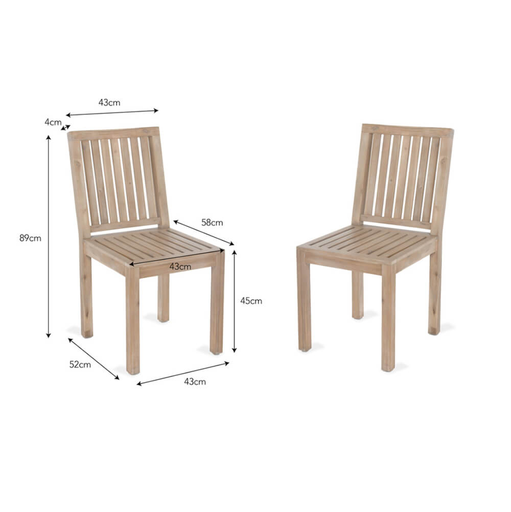 Two slatted garden chairs seen with dimensions
