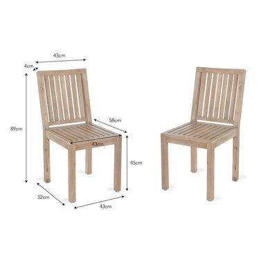 Two slatted garden chairs seen with dimensions
