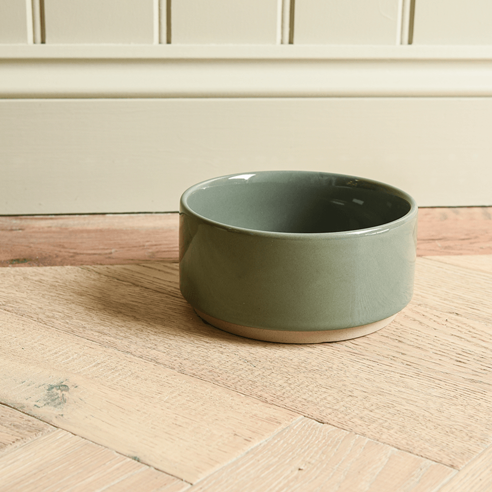 Green ceramic bowl on a wooden floor with a neutral wall background
