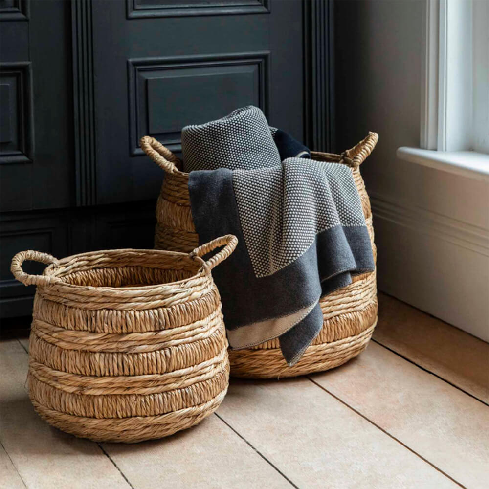 Bilberry baskets on a wooden floor against black doors