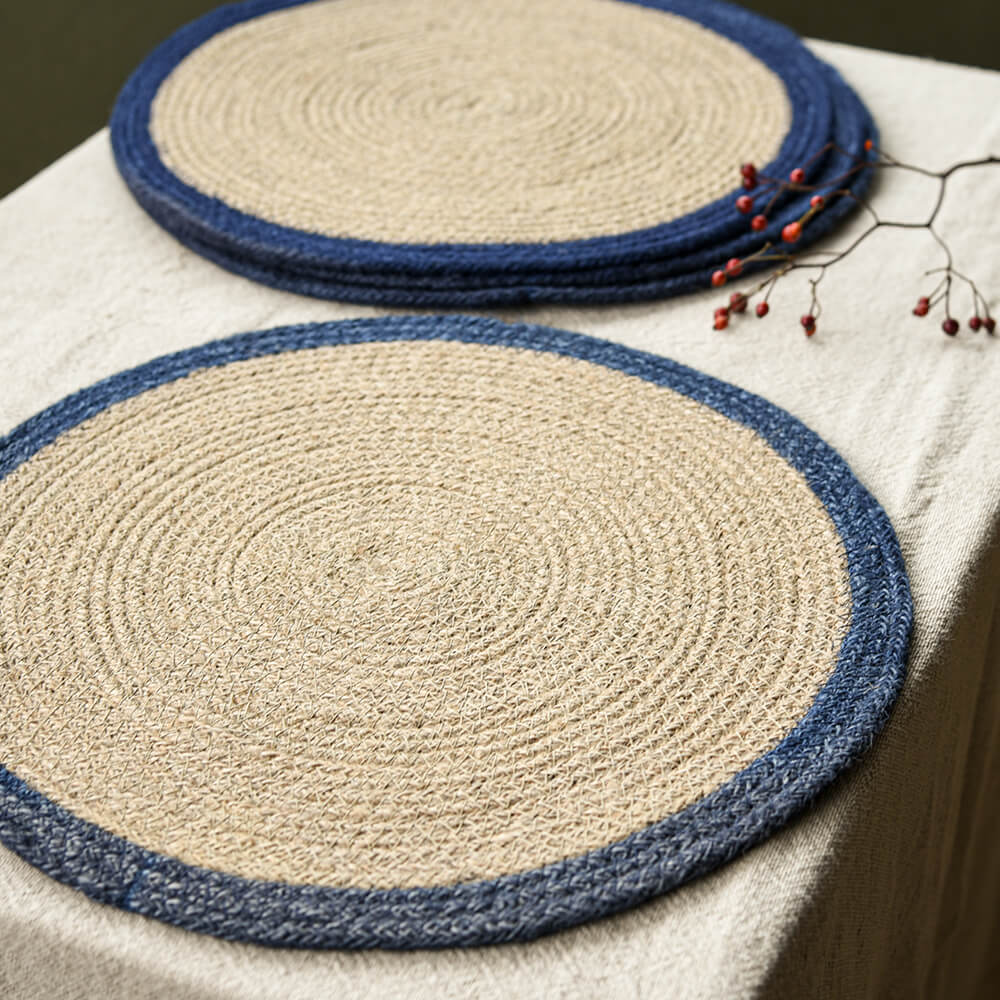 Set of 4 Jute Woven Placemats with Ink Blue Border