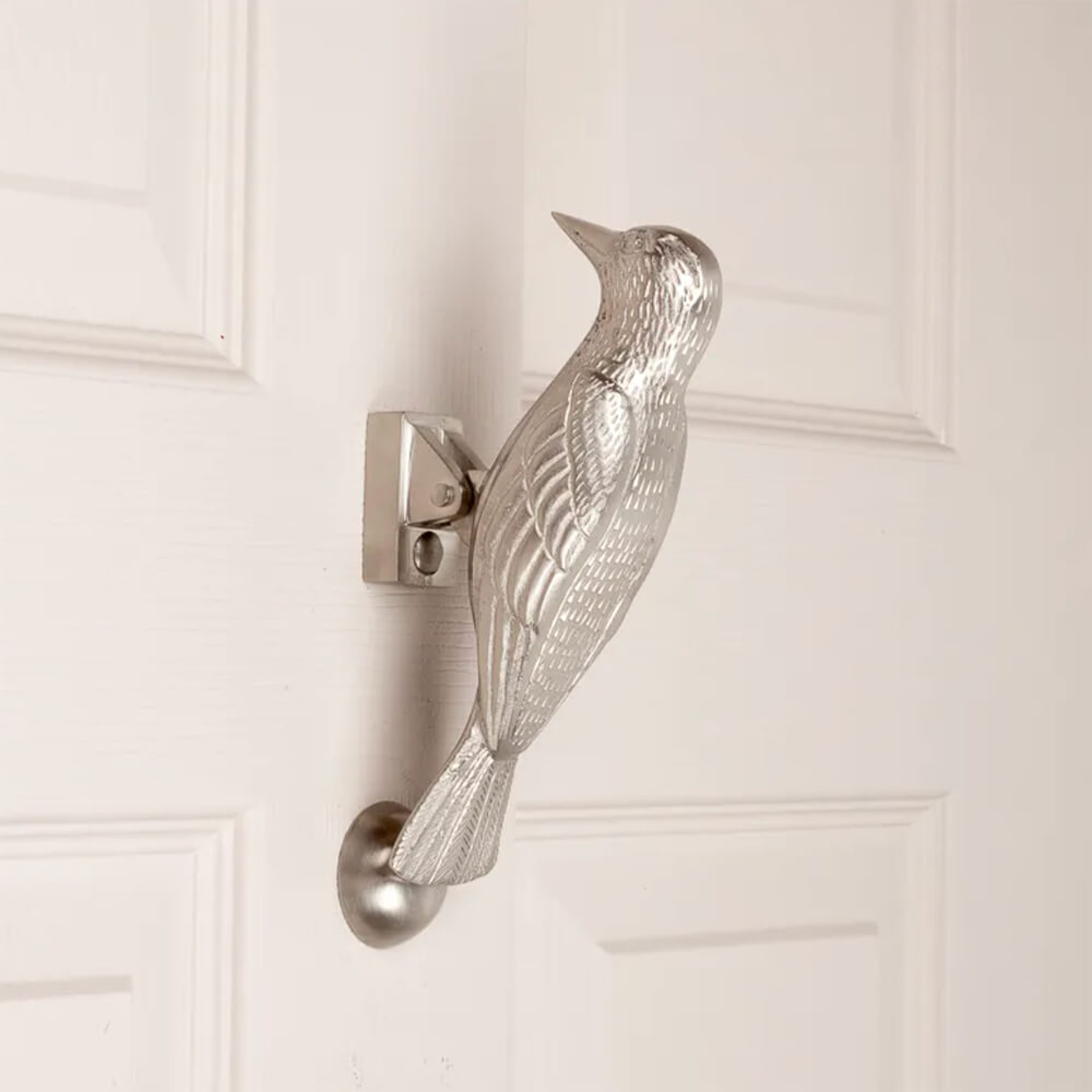 Satin Silver Woodpecker Door Knocker