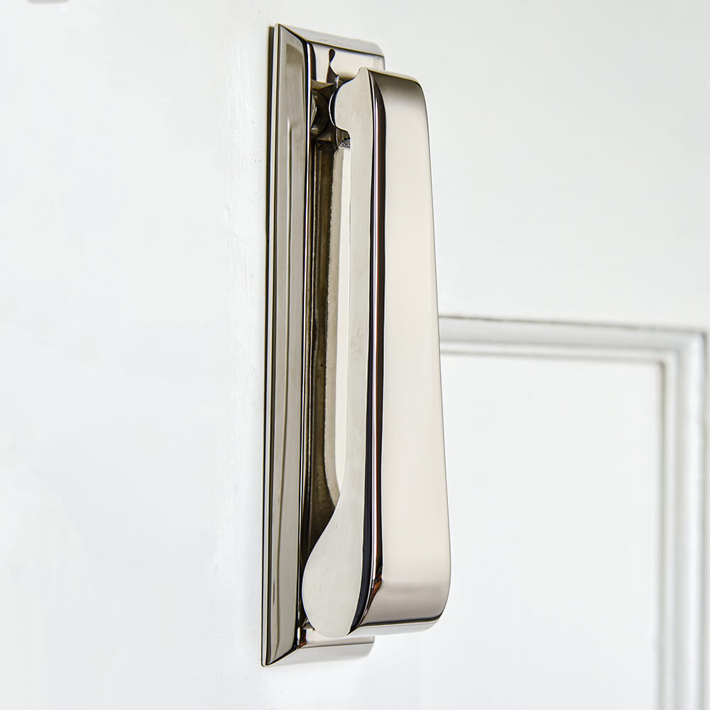 Plain slim shiny nickel door knocker with integral backplate