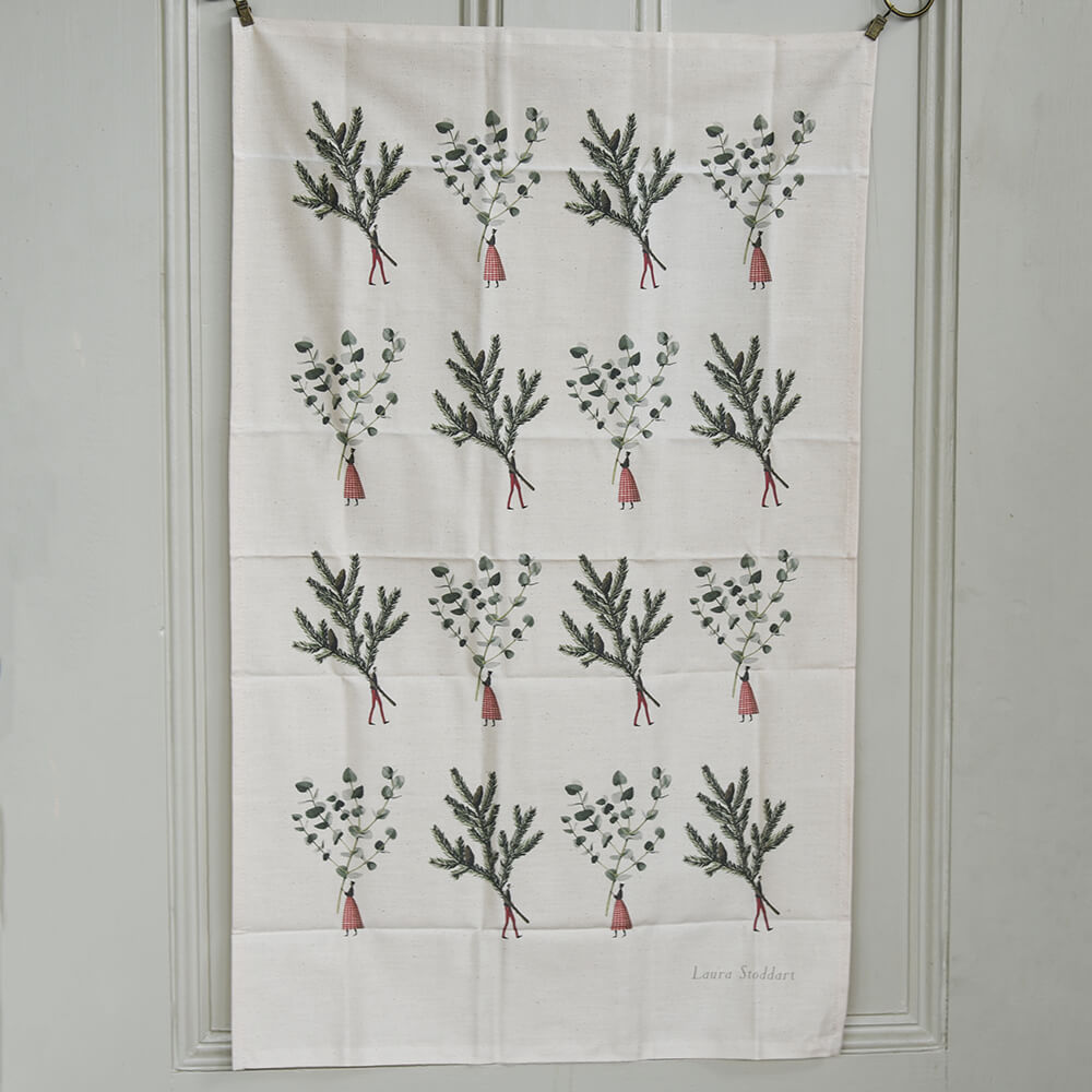 Tea towel featuring shrubbery illustrations