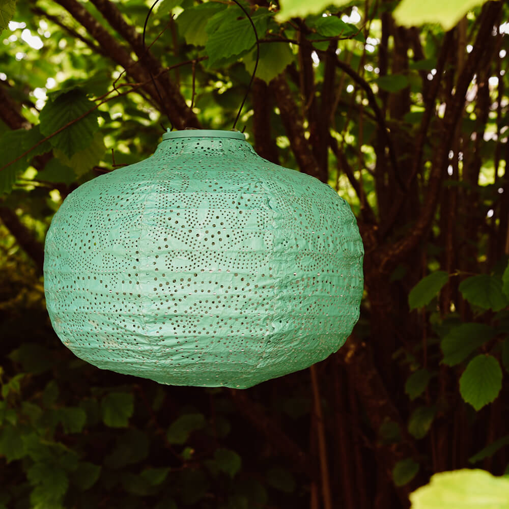 Teal lantern hung in trees
