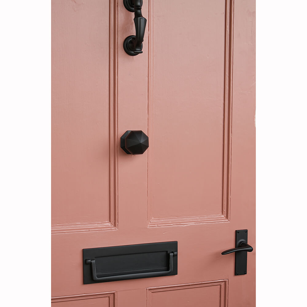Pink door with black hardware 