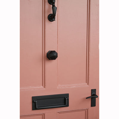 Pink door with black hardware 