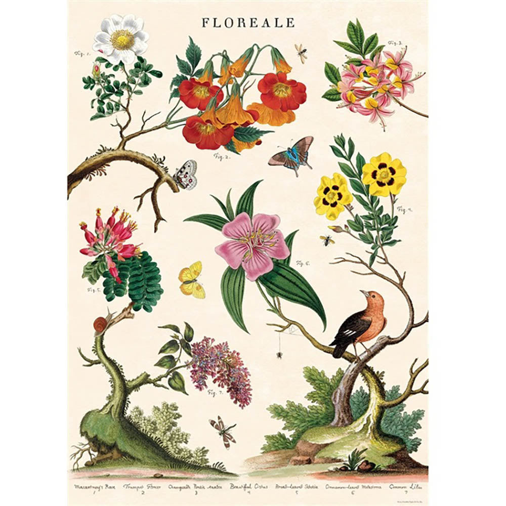 Vintage imagery of flowers trees and wildlife on a poster