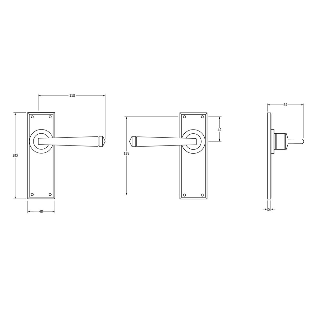 Dimensions of exterior black Avon lever latch handles with a beeswax finish against a white background