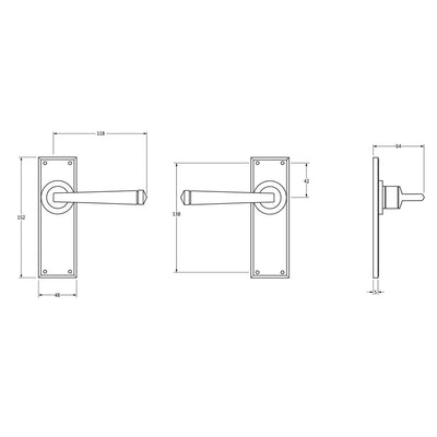 Dimensions of exterior black Avon lever latch handles with a beeswax finish against a white background