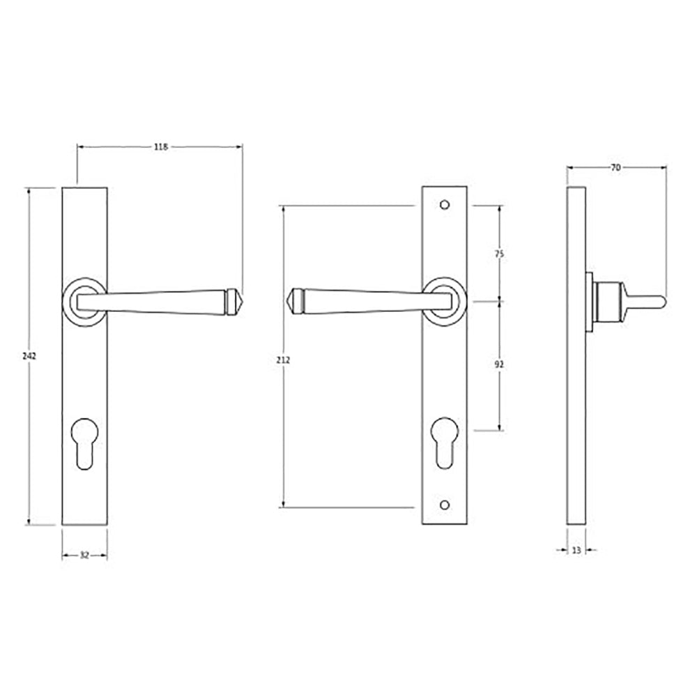 Dimensions of satin stainless steel euro lock avon lever handles on slimline backpate