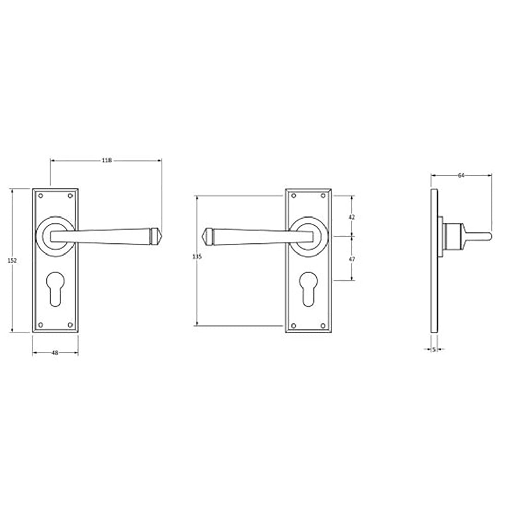 Dimensions of the satin stainless steel avon euro lever handles
