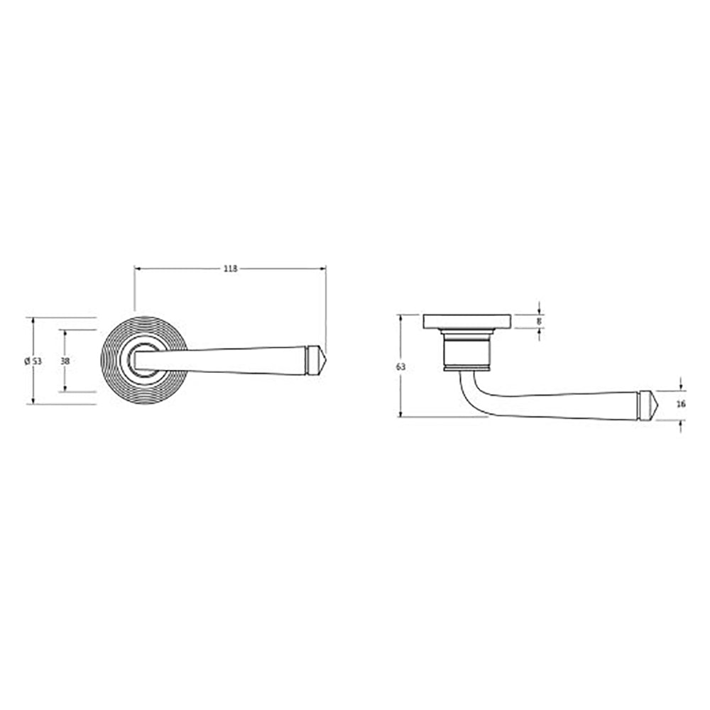 Dimensions for satin stainless steel avon lever handles on circular beehive rose