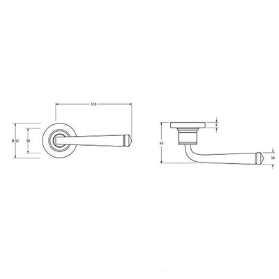 Dimensions for satin stainless steel avon lever handles on circular plain rose