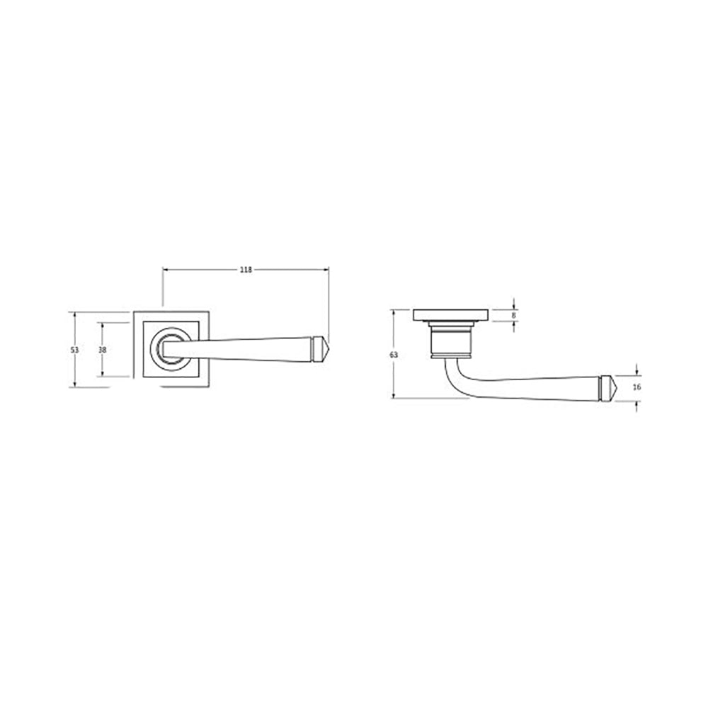 Dimensions for satin stainless steel avon lever handles on square concealed rose