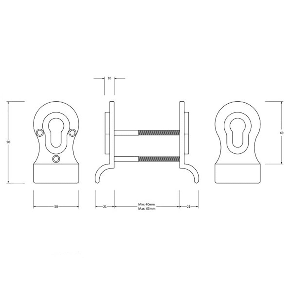 Dimensions of the satin stainless steel back to back euro cylinder latch pull