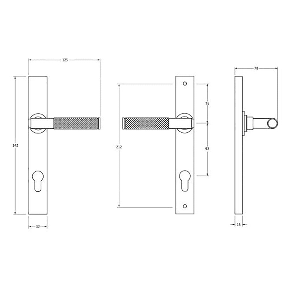 Dimensions of satin stainless steel brompton euro lever lock handles on slimline backplate