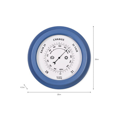 Dimensions for a weather barometer made from powder coated steel and finished in a mid blue 