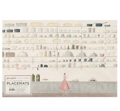 Placemat with kitchen-themed design and a person in a pink dress.