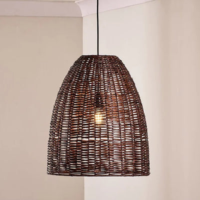 Medium size dark rattan conical lampshade against taupe painted walls