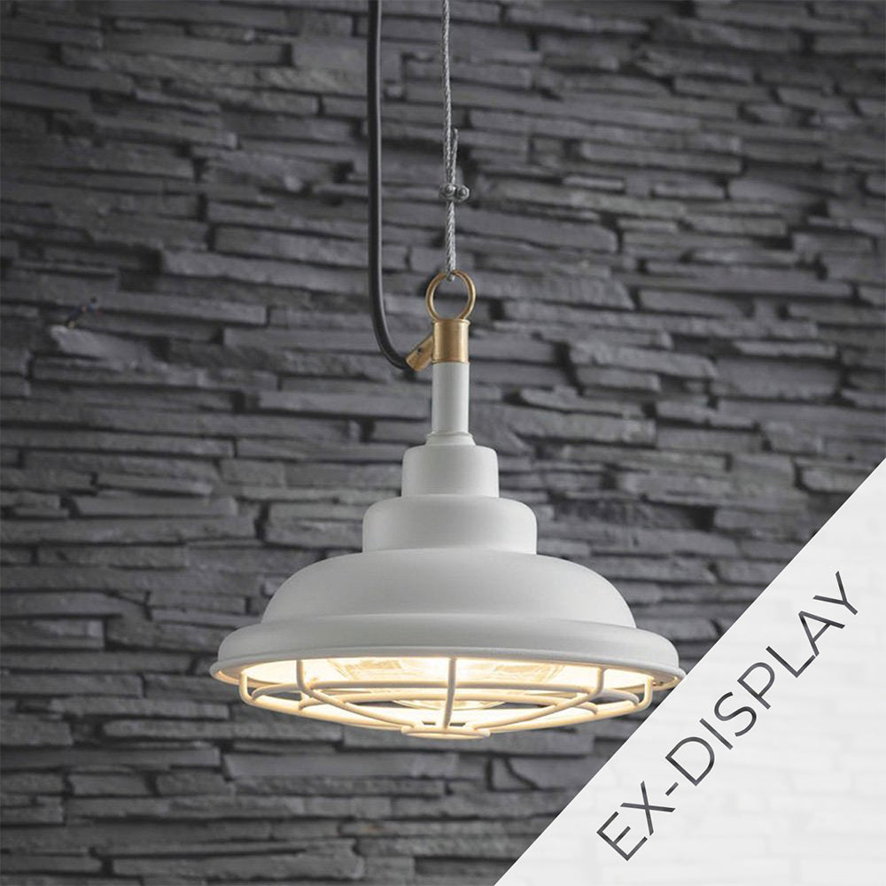 Mariner pendant light in an off-white colour and brass fittings hanging in front of a slate wall with a watermark and ex display text in the corner