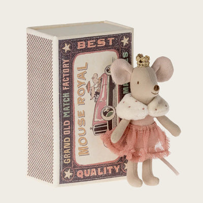 Maileg princess mouse stood outside her matchbox wearing a pink tutu skirt and spotty shawl 