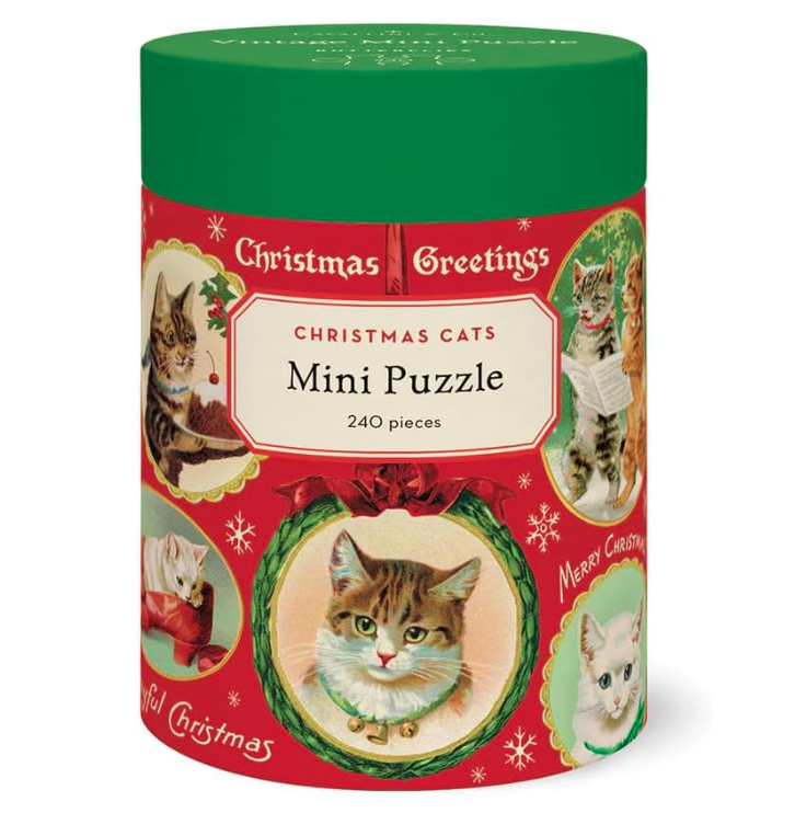 Christmas-themed mini puzzle packaging with cats on a red and green background