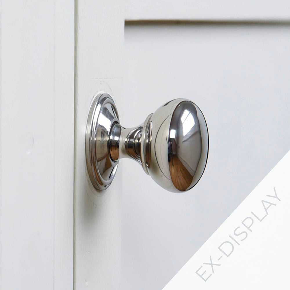 Polished nickel cottage bun cabinet knob on a pale grey background with an ex-display watermark in the corner