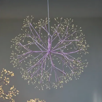 A purple hanging dandelion light fixture with LED lights designed to resemble seeds or petals radiating from the center.
