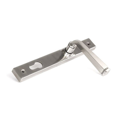 Side view of satin stainless steel avon lever handles with euro lock on slimline backplate