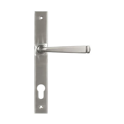 Front view of satin stainless steel avon lever handles with euro lock on slimline backplate