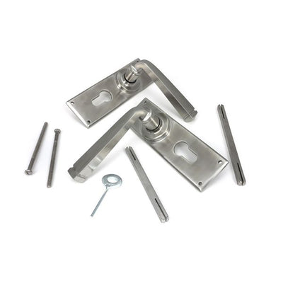 Pair of satin stainless steel avon euro lever handles with spindles, allen key and bolts