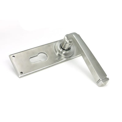 Side view of satin stainless steel euro avon lever handles