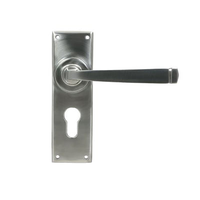 Front view of satin stainless steel avon euro lever handles against white background
