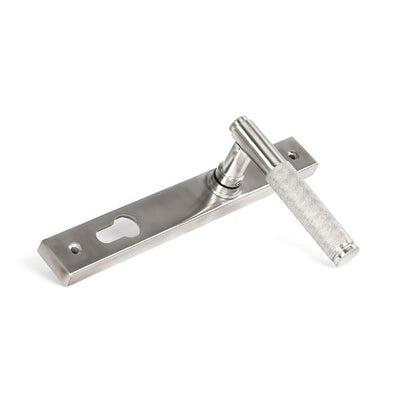 Side view of satin stainless steel brompton euro lever lock handles on slimline backplate