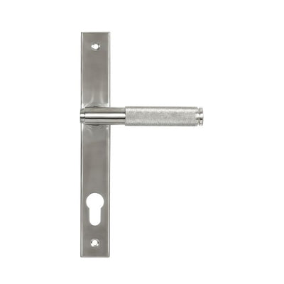 Front view of satin stainless steel brompton euro lever lock handles on slimline backplate